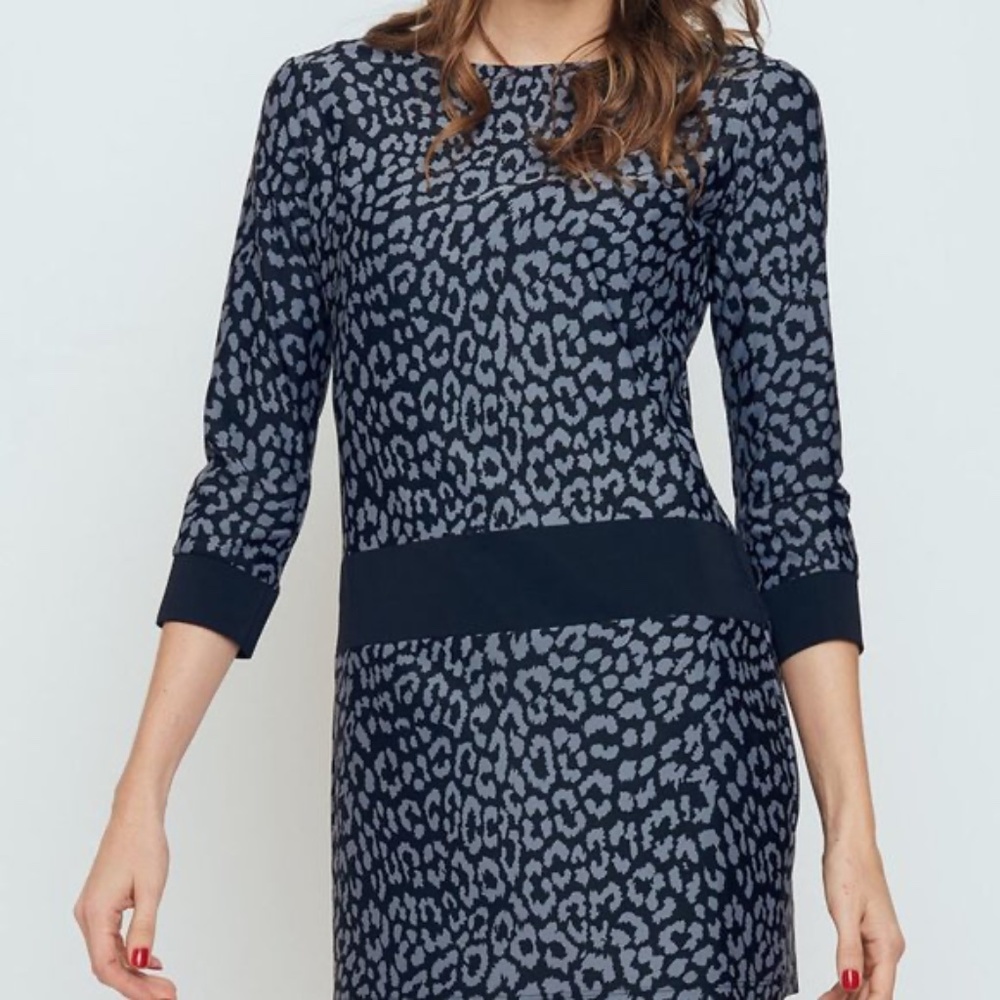 Bo & Nic Resort Wear 3/4 Sleeve Snow Leopard Black Gray Drop Waist Dress